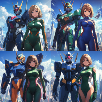 高达与女驾驶员，并肩站立，女驾驶员身材火辣，身穿紧身驾驶服，面带自信微笑，高达金属质感强烈，背景为未来科技感城市，构图对称，高光与阴影对比鲜明，广角镜头，冷色调，前侧光，动态稳定，力量感，科技感。