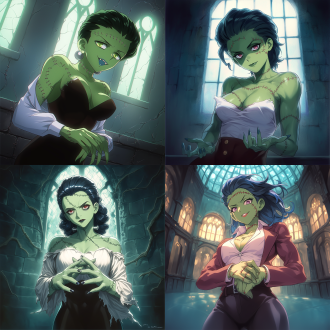 女科学怪人，弗兰肯斯坦，身材曲线优美，缝合线，城堡内部背景，暗色调，神秘氛围，专注眼神，金属质感，广角镜头，背光，细节清晰，冷色调，好奇，创新，绿色皮肤