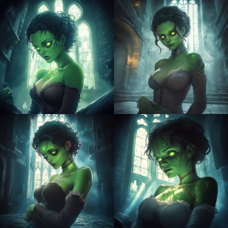 女科学怪人，弗兰肯斯坦，身材曲线优美，缝合线，城堡内部背景，暗色调，神秘氛围，专注眼神，金属质感，广角镜头，背光，细节清晰，冷色调，好奇，创新，绿色皮肤