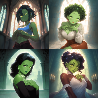 女科学怪人，漂亮脸蛋，弗兰肯斯坦，身材火辣，身材曲线优美，缝合线，城堡内部背景，暗色调，神秘氛围，专注眼神，金属质感，广角镜头，背光，细节清晰，冷色调，好奇，创新，绿色皮肤