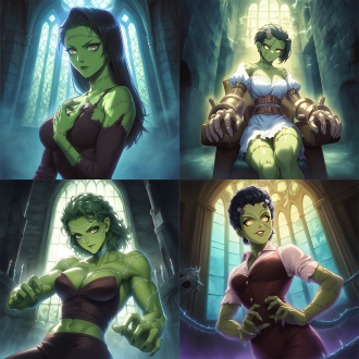 女科学怪人，弗兰肯斯坦，身材曲线优美，缝合线，城堡内部背景，暗色调，神秘氛围，专注眼神，金属质感，广角镜头，背光，细节清晰，冷色调，好奇，创新，绿色皮肤