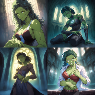 女科学怪人，弗兰肯斯坦，身材曲线优美，缝合线，城堡内部背景，暗色调，神秘氛围，专注眼神，金属质感，广角镜头，背光，细节清晰，冷色调，好奇，创新，绿色皮肤