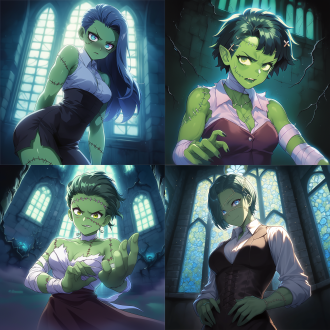 女科学怪人，弗兰肯斯坦，身材曲线优美，缝合线，城堡内部背景，暗色调，神秘氛围，专注眼神，金属质感，广角镜头，背光，细节清晰，冷色调，好奇，创新，绿色皮肤