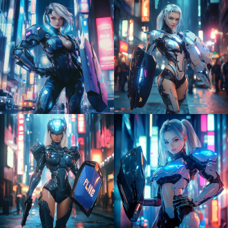 动漫风格，赛博女警，机械外骨骼，身材曲线优美，一手手持警用巨大盾牌，一手手持手枪，未来城市背景，高科技感，金属质感，冷色调，广角镜头，侧光，动态模糊，坚定眼神，力量感。