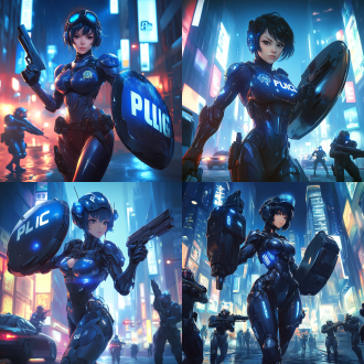 动漫风格，赛博女警，机械外骨骼，身材曲线优美，一手手持警用巨大盾牌，一手手持手枪，未来城市背景，高科技感，金属质感，冷色调，广角镜头，侧光，动态模糊，坚定眼神，力量感。
