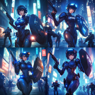 动漫风格，赛博女警，机械外骨骼，身材曲线优美，一手手持警用巨大盾牌，一手手持手枪，未来城市背景，高科技感，金属质感，冷色调，广角镜头，侧光，动态模糊，坚定眼神，力量感。