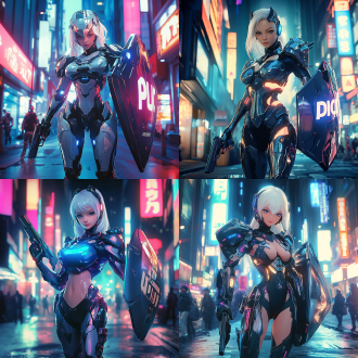 动漫风格，赛博女警，机械外骨骼，身材曲线优美，一手手持警用巨大盾牌，一手手持手枪，未来城市背景，高科技感，金属质感，冷色调，广角镜头，侧光，动态模糊，坚定眼神，力量感。