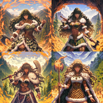 女野蛮人，身材曲线优美，肌肉线条明显，面部表情坚毅，长发飘逸，身穿兽皮，手持战斧，森林背景，自然光，广角镜头，动态姿势，力量感，棕绿色调，野性。