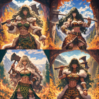 女野蛮人，身材曲线优美，肌肉线条明显，面部表情坚毅，长发飘逸，身穿兽皮，手持战斧，森林背景，自然光，广角镜头，动态姿势，力量感，棕绿色调，野性。