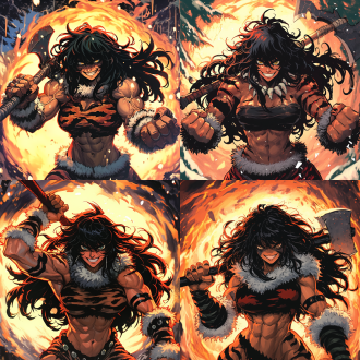 女野蛮人，身材曲线优美，肌肉线条明显，面部表情坚毅，长发飘逸，身穿兽皮，手持战斧，森林背景，自然光，广角镜头，动态姿势，力量感，棕绿色调，野性。