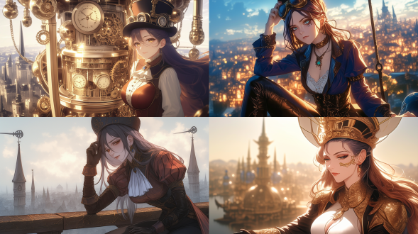 蒸汽朋克风格，女贵族乘坐巨大飞艇，脸部特写，身材火辣，俯视远处地面建筑。金属质感，细节丰富，暗色调，空中，长焦镜头，逆光，高分辨率，自信，神秘。