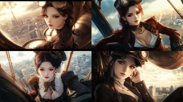 蒸汽朋克风格，女贵族乘坐巨大飞艇，脸部特写，身材火辣，俯视远处地面建筑。金属质感，细节丰富，暗色调，空中，长焦镜头，逆光，高分辨率，自信，神秘。