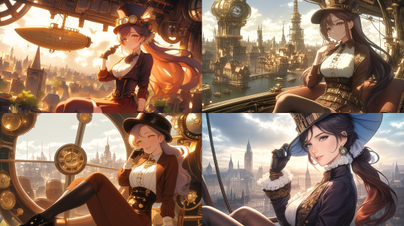 蒸汽朋克风格，女贵族乘坐巨大飞艇，脸部特写，身材火辣，俯视远处地面建筑。金属质感，细节丰富，暗色调，空中，长焦镜头，逆光，高分辨率，自信，神秘。