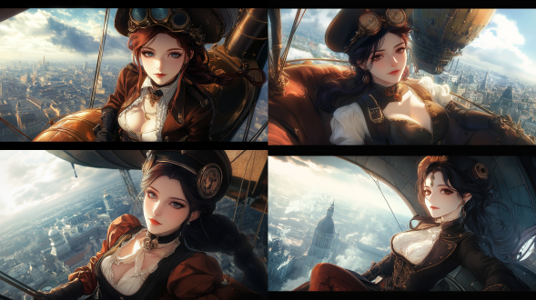 蒸汽朋克风格，女贵族乘坐巨大飞艇，脸部特写，身材火辣，俯视远处地面建筑。金属质感，细节丰富，暗色调，空中，长焦镜头，逆光，高分辨率，自信，神秘。