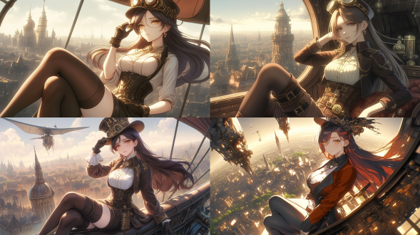 蒸汽朋克风格，女贵族乘坐巨大飞艇，脸部特写，身材火辣，俯视远处地面建筑。金属质感，细节丰富，暗色调，空中，长焦镜头，逆光，高分辨率，自信，神秘。