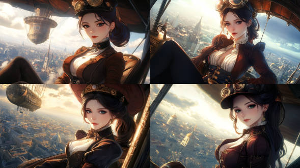 蒸汽朋克风格，女贵族乘坐巨大飞艇，脸部特写，身材火辣，俯视远处地面建筑。金属质感，细节丰富，暗色调，空中，长焦镜头，逆光，高分辨率，自信，神秘。