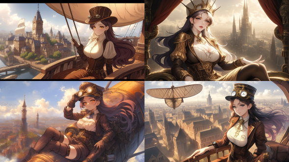 蒸汽朋克风格，女贵族乘坐巨大飞艇，脸部特写，身材火辣，俯视远处地面建筑。金属质感，细节丰富，暗色调，空中，长焦镜头，逆光，高分辨率，自信，神秘。