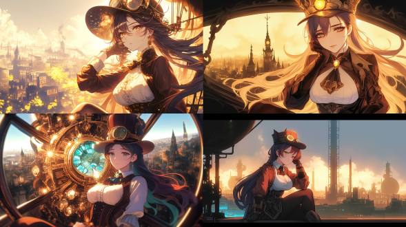 蒸汽朋克风格，女贵族乘坐巨大飞艇，脸部特写，身材火辣，俯视远处地面建筑。金属质感，细节丰富，暗色调，空中，长焦镜头，逆光，高分辨率，自信，神秘。