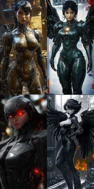 女性乌鸦机甲，乌鸦翅膀展开，全身照，脸部特写，深色皮肤，火辣身材，黑色机械外骨骼，大腿线条流畅，高对比度，暗色调，金属质感，广角镜头，侧光，动态捕捉，冷酷表情，科技感，机械工厂背景