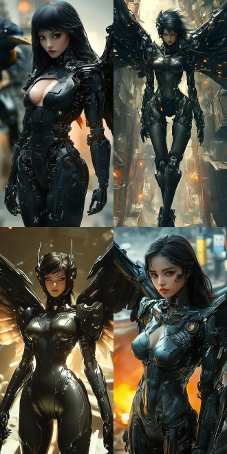 女性乌鸦机甲，乌鸦翅膀展开，全身照，脸部特写，深色皮肤，火辣身材，黑色机械外骨骼，大腿线条流畅，高对比度，暗色调，金属质感，广角镜头，侧光，动态捕捉，冷酷表情，科技感，机械工厂背景