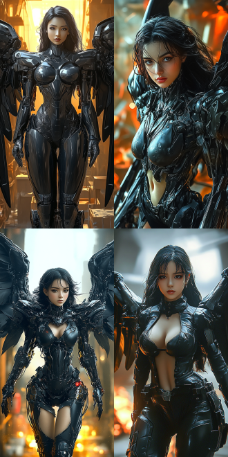 女性乌鸦机甲，乌鸦翅膀展开，全身照，脸部特写，深色皮肤，火辣身材，黑色机械外骨骼，大腿线条流畅，高对比度，暗色调，金属质感，广角镜头，侧光，动态捕捉，冷酷表情，科技感，机械工厂背景