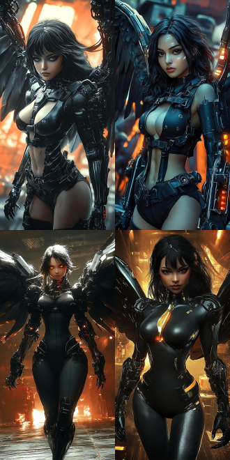 女性乌鸦机甲，乌鸦翅膀展开，全身照，脸部特写，深色皮肤，火辣身材，黑色机械外骨骼，大腿线条流畅，高对比度，暗色调，金属质感，广角镜头，侧光，动态捕捉，冷酷表情，科技感，机械工厂背景