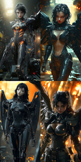 女性乌鸦机甲，乌鸦翅膀展开，全身照，脸部特写，深色皮肤，火辣身材，黑色机械外骨骼，大腿线条流畅，高对比度，暗色调，金属质感，广角镜头，侧光，动态捕捉，冷酷表情，科技感，机械工厂背景