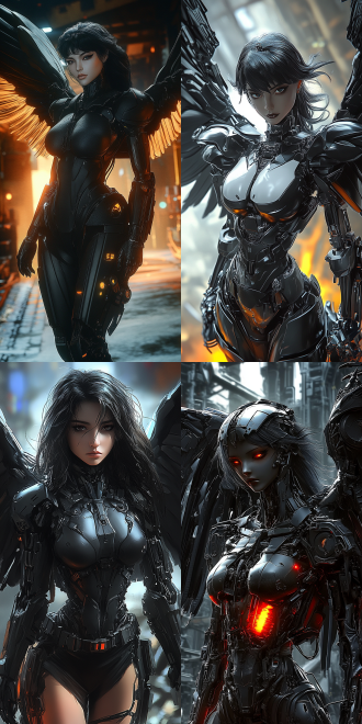 女性乌鸦机甲，乌鸦翅膀展开，全身照，脸部特写，深色皮肤，火辣身材，黑色机械外骨骼，大腿线条流畅，高对比度，暗色调，金属质感，广角镜头，侧光，动态捕捉，冷酷表情，科技感，机械工厂背景