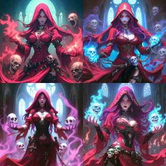 女死灵法师，红色教袍，完美身材，全身照，大教堂背景，皇家秘密社团，美丽而诡异，亡灵大军环绕，操纵亡灵，wlop风格，高对比度，暗色调，广角镜头，侧光，神秘氛围，动态模糊，细节丰富，冷暖对比，诡异美感。