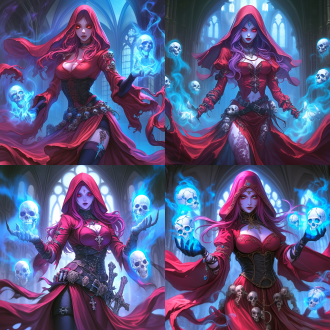 女死灵法师，红色教袍，完美身材，全身照，大教堂背景，皇家秘密社团，美丽而诡异，亡灵大军环绕，操纵亡灵，wlop风格，高对比度，暗色调，广角镜头，侧光，神秘氛围，动态模糊，细节丰富，冷暖对比，诡异美感。