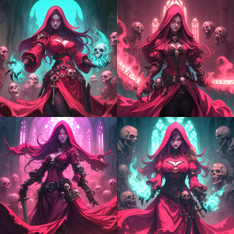 女死灵法师，红色教袍，完美身材，全身照，大教堂背景，皇家秘密社团，美丽而诡异，亡灵大军环绕，操纵亡灵，wlop风格，高对比度，暗色调，广角镜头，侧光，神秘氛围，动态模糊，细节丰富，冷暖对比，诡异美感。
