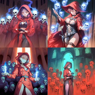 女死灵法师，红色教袍，身材火辣，脸部特写，大教堂背景，皇家秘密社团，美丽而诡异，亡灵大军环绕，操控死灵