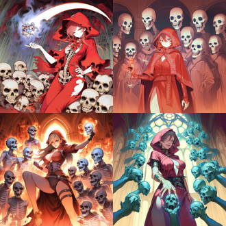 女死灵法师，红色教袍，身材火辣，脸部特写，大教堂背景，皇家秘密社团，美丽而诡异，亡灵大军环绕，操控死灵