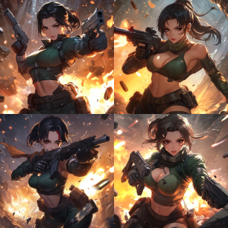 女枪手，身材火辣，雇佣兵，赏金猎人，低角度拍摄，暗色调，废墟背景，长焦镜头，逆光，动态模糊，专注表情，金属质感，冷暖色对比