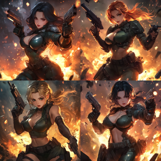 女枪手，身材火辣，雇佣兵，赏金猎人，低角度拍摄，暗色调，废墟背景，长焦镜头，逆光，动态模糊，专注表情，金属质感，冷暖色对比