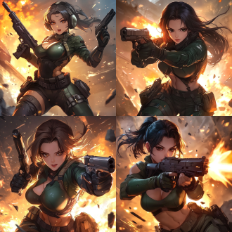 女枪手，身材火辣，雇佣兵，赏金猎人，低角度拍摄，暗色调，废墟背景，长焦镜头，逆光，动态模糊，专注表情，金属质感，冷暖色对比
