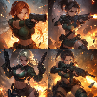 女枪手，身材火辣，雇佣兵，赏金猎人，低角度拍摄，暗色调，废墟背景，长焦镜头，逆光，动态模糊，专注表情，金属质感，冷暖色对比