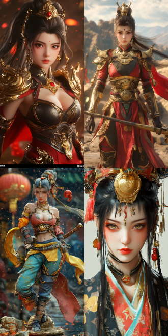 female sun wukong, perfect figure, hot figure,golden cudgel, background of journey to the west, cell shading style, elements of black myth wukong, unreal engine 5 rendering, dynamic poses, bright colors, side light, wide-angle lens, battle scene, sense of power, mysterious atmosphere