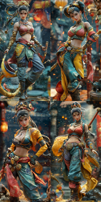 female sun wukong, perfect figure, hot figure,golden cudgel, background of journey to the west, cell shading style, elements of black myth wukong, unreal engine 5 rendering, dynamic poses, bright colors, side light, wide-angle lens, battle scene, sense of power, mysterious atmosphere