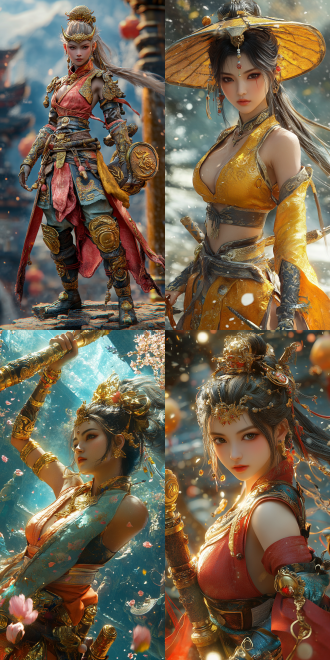 female sun wukong, perfect figure, hot figure,golden cudgel, background of journey to the west, cell shading style, elements of black myth wukong, unreal engine 5 rendering, dynamic poses, bright colors, side light, wide-angle lens, battle scene, sense of power, mysterious atmosphere