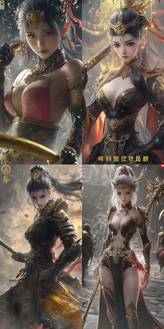 female sun wukong, perfect figure, hot figure,golden cudgel, background of journey to the west, cell shading style, elements of black myth wukong, unreal engine 5 rendering, dynamic poses, bright colors, side light, wide-angle lens, battle scene, sense of power, mysterious atmosphere