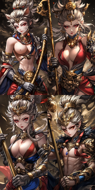 female sun wukong, perfect figure, hot figure,golden cudgel, background of journey to the west, cell shading style, elements of black myth wukong, dynamic poses, bright colors, side light, wide-angle lens, battle scene, sense of power, mysterious atmosphere，猴子脸面具，黄发，头戴金色金属头环，手握金属长直棍，金毛护腕