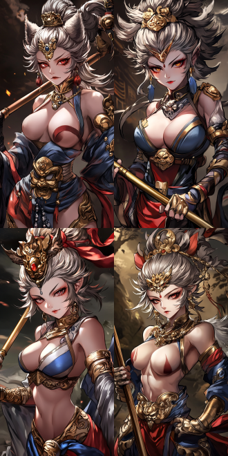 female sun wukong, perfect figure, hot figure,golden cudgel, background of journey to the west, cell shading style, elements of black myth wukong, dynamic poses, bright colors, side light, wide-angle lens, battle scene, sense of power, mysterious atmosphere，猴子脸面具，黄发，头戴金色金属头环，手握金属长直棍，金毛护腕