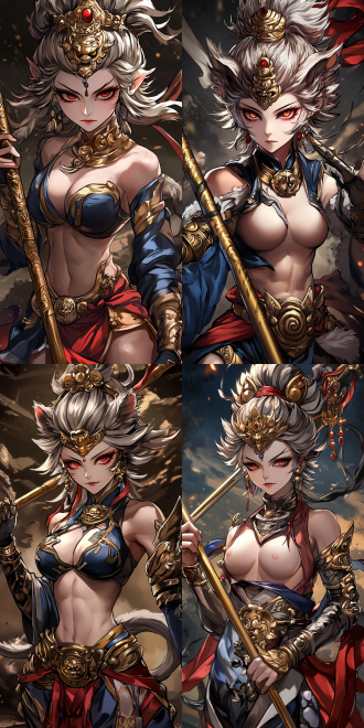 female sun wukong, perfect figure, hot figure,golden cudgel, background of journey to the west, cell shading style, elements of black myth wukong, dynamic poses, bright colors, side light, wide-angle lens, battle scene, sense of power, mysterious atmosphere，猴子脸面具，黄发，头戴金色金属头环，手握金属长直棍，金毛护腕