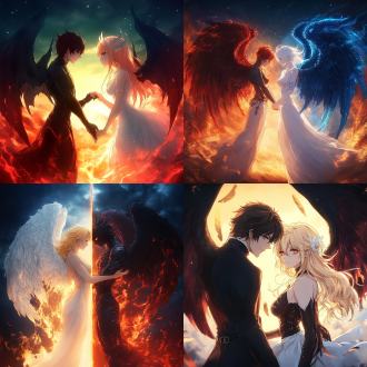 天使与恶魔，身材火辣，对比鲜明，夜空下，冷暖色调，长焦镜头，背光，柔光，对峙，诱惑，神秘，日式动漫风格