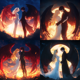 天使与恶魔，身材火辣，对比鲜明，夜空下，冷暖色调，长焦镜头，背光，柔光，对峙，诱惑，神秘，日式动漫风格