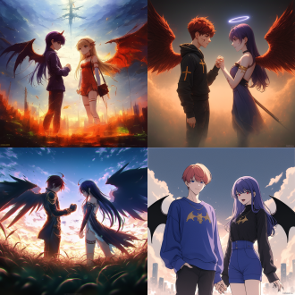 天使与恶魔，身材火辣，对比鲜明，夜空下，冷暖色调，长焦镜头，背光，柔光，对峙，诱惑，神秘，日式动漫风格