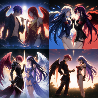 天使与恶魔，身材火辣，对比鲜明，夜空下，冷暖色调，长焦镜头，背光，柔光，对峙，诱惑，神秘，日式动漫风格