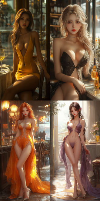 hot figure，perfect body, long hair fluttering, long legs, low-cut evening dress, queen bee style, high heels, delicate makeup, fashion style, high-end restaurant, elegant layout, soft lighting, telephoto lens, shallow depth of field, side light, confident smile, luxury decoration, warm color tone, charming，anime style