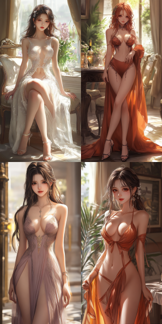 hot figure，perfect body, long hair fluttering, long legs, low-cut evening dress, queen bee style, high heels, delicate makeup, fashion style, high-end restaurant, elegant layout, soft lighting, telephoto lens, shallow depth of field, side light, confident smile, luxury decoration, warm color tone, charming，anime style